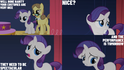 Size: 2000x1125 | Tagged: safe, derpibooru import, edit, edited screencap, editor:quoterific, screencap, play write, rarity, earth pony, pony, unicorn, the cutie mark chronicles, duo, duo female, female, filly, filly rarity, foal, frown, glasses, gritted teeth, mare, necktie, nervous, open mouth, open smile, sharpener, smiling, teeth, younger