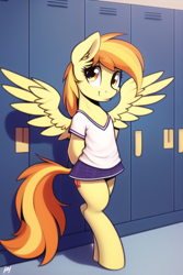 Size: 512x768 | Tagged: safe, derpibooru import, generator:novelai, generator:stable diffusion, machine learning generated, spitfire, pegasus, pony, semi-anthro, bipedal, clothes, female, hooves behind back, locker room, mare, pleated skirt, shirt, skirt, solo