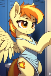 Size: 512x768 | Tagged: safe, derpibooru import, generator:novelai, generator:stable diffusion, machine learning generated, spitfire, pegasus, pony, semi-anthro, alternate cutie mark, backless, bipedal, chest fluff, clothes, female, locker room, mare, seat, shirt, solo, tanktop, wrong cutie mark