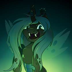 Size: 1000x1000 | Tagged: safe, artist:candy meow, derpibooru import, queen chrysalis, changeling, changeling queen, >:d, bipedal, crown, evil grin, fangs, female, gradient background, grin, jewelry, regalia, simple background, smiling, solo, spread wings, wings