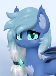 Size: 1858x2499 | Tagged: safe, artist:azzyaurelian, derpibooru import, oc, oc only, oc:meadow mist, bat pony, pony, chest fluff, cute, ear fluff, ears, fangs, gem, gradient background, looking at you, partially open wings, simple background, solo, two toned mane, wings