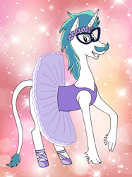 Size: 1500x2009 | Tagged: safe, artist:fabiounicorn, derpibooru import, oc, oc:fabio, pony, unicorn, ballerina, ballet slippers, clothes, crossdressing, facial hair, floral head wreath, flower, glasses, grin, male, moustache, smiling, solo, stallion, style emulation, tutu