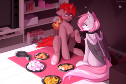 Size: 3000x2000 | Tagged: safe, artist:villjulie, derpibooru import, oc, oc:hardy, oc:julie, alicorn, pegasus, pony, shrimp, :p, alicorn oc, blushing, book, bookshelf, box, chest fluff, detailed background, duo, ear piercing, female, food, full body, horn, looking at each other, looking at someone, male, mare, marshmallow, pegasus oc, piercing, pizza, plate, shelves, stallion, surprised, sushi, television, tongue, tongue out, wings