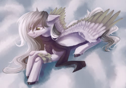 Size: 1024x718 | Tagged: safe, artist:charlieschiffer, derpibooru import, oc, pegasus, pony, clothes, cloud, scarf, solo