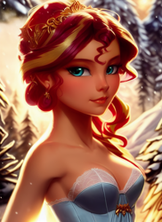 Size: 1024x1408 | Tagged: safe, derpibooru import, editor:siber, generator:purplesmart.ai, generator:stable diffusion, machine learning generated, sunset shimmer, human, equestria girls, bare shoulders, clothes, corset, humanized, lingerie, looking at you, sleeveless, snow, solo, strapless