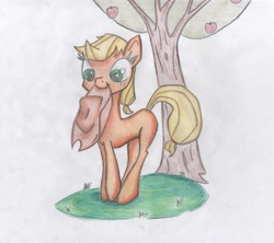 Size: 2806x2494 | Tagged: safe, artist:the-post-script, derpibooru import, applejack, earth pony, pony, apple, apple tree, hat, mouth hold, solo, tree