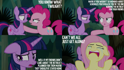 Size: 2000x1125 | Tagged: safe, derpibooru import, edit, edited screencap, editor:quoterific, screencap, fluttershy, pinkie pie, twilight sparkle, twilight sparkle (alicorn), alicorn, earth pony, pegasus, pony, the mean 6, crying, ears, female, floppy ears, mare, trio, trio female