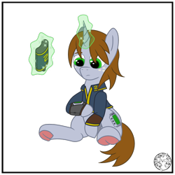 Size: 2000x2000 | Tagged: safe, artist:dice-warwick, derpibooru import, oc, oc only, oc:littlepip, pony, unicorn, fallout equestria, canteen, clothes, female, freckles, frog (hoof), jumpsuit, magic, mare, pipbuck, simple background, sitting, solo, transparent background, underhoof, vault suit