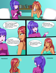 Size: 2338x3025 | Tagged: safe, artist:binrouya2021, artist:mlp-cam, derpibooru import, starlight glimmer, sunset shimmer, comic:equestria girls curse and madness, equestria girls, breasts, cleavage, clothes, comic, duo, pajamas, sunset jiggler