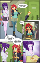 Size: 2685x4156 | Tagged: safe, artist:awalex, artist:mlp-cam, derpibooru import, starlight glimmer, sunset shimmer, comic:equestria girls curse and madness, equestria girls, breasts, cleavage, clothes, comic, dialogue, lockers, speech bubble, starlight jiggler, sunset jiggler