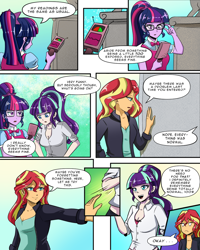 Size: 1024x1280 | Tagged: safe, artist:binrouya2021, artist:candyclumsy, artist:mlp-cam, derpibooru import, sci-twi, starlight glimmer, sunset shimmer, twilight sparkle, comic:equestria girls curse and madness, equestria girls, breasts, cleavage, clothes, comic, dialogue, female, speech bubble, trio