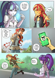 Size: 1400x1980 | Tagged: safe, artist:mlp-cam, artist:vyazinrei, derpibooru import, starlight glimmer, sunset shimmer, comic:equestria girls curse and madness, equestria girls, comic, dialogue, female, magic, phone, speech bubble