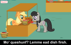 Size: 1920x1224 | Tagged: safe, artist:agrol, derpibooru import, edit, edited screencap, screencap, applejack, octavia melody, earth pony, pony, comic:celestia's servant interview, apple, aweeg*, bucket, caption, clothes, cs captions, eating, female, food, hoof hold, image macro, mare, market, market stall, octavia's birthday, old art, scarf, striped scarf, text