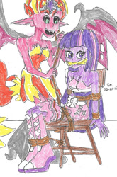 Size: 726x1100 | Tagged: safe, artist:godzilla713, derpibooru import, screencap, sunset shimmer, twilight sparkle, demon, human, equestria girls, equestria girls (movie), bare shoulders, big crown thingy, chair, cloth gag, element of magic, fall formal outfits, female, gag, jewelry, regalia, rope, spread wings, tied to chair, wings