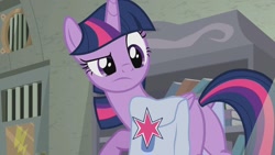 Size: 1200x675 | Tagged: safe, derpibooru import, screencap, twilight sparkle, twilight sparkle (alicorn), alicorn, pony, the point of no return, bag, book, bookshelf, butt, confused, female, looking back, mare, plot, saddle bag, solo, twibutt