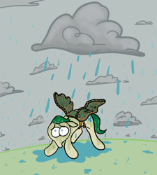 Size: 1280x1423 | Tagged: safe, artist:thunderpibb, derpibooru import, oc, oc only, earth pony, pony, cardboard wings, cloud, ears, fake wings, floppy ears, male, outdoors, rain, sad, solo