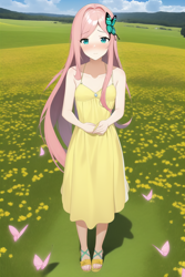 Size: 768x1152 | Tagged: safe, derpibooru import, editor:red5805, generator:novelai, generator:stable diffusion, machine learning assisted, machine learning generated, fluttershy, human, bare shoulders, blushing, clothes, dress, female, grass, humanized, sleeveless, solo