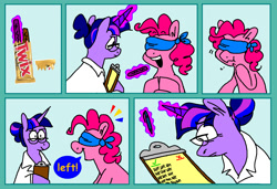 Size: 1316x900 | Tagged: safe, artist:msponies, derpibooru import, pinkie pie, twilight sparkle, unicorn twilight, earth pony, pony, unicorn, alternate hairstyle, blindfold, candy, clipboard, clothes, comic, confused, crumbs, dialogue, duo, duo female, eating, eye bulging, female, food, glasses, lab coat, levitation, magic, mare, open mouth, open smile, pen, smiling, speech bubble, taste test, telekinesis, twix