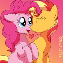 Size: 1000x1000 | Tagged: safe, artist:fruiitypieq, artist:shycookieq, derpibooru import, pinkie pie, sunset shimmer, earth pony, pony, unicorn, duo, eyes closed, female, gradient background, heart, lesbian, shipping, sunsetpie