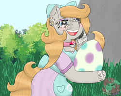 Size: 1560x1240 | Tagged: safe, artist:gray star, derpibooru import, oc, oc:gray star, earth pony, pony, apron, beauty mark, blushing, bow, clothes, collar, egg, female, glasses, hair bow, happy, hoof on cheek, love ball, mare, poké ball, pokémon, redraw, smiling, unshorn fetlocks