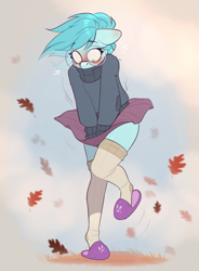 Size: 1237x1680 | Tagged: safe, artist:rexyseven, derpibooru import, oc, oc only, oc:whispy slippers, anthro, earth pony, anthro oc, blushing, clothes, female, glasses, leaves, mare, skirt, slippers, socks, solo, sweater, thigh highs, turtleneck, wind, zettai ryouiki
