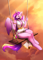 Size: 3508x4961 | Tagged: safe, artist:sugarstar, derpibooru import, princess cadance, alicorn, anthro, unguligrade anthro, absolute cleavage, breasts, cleavage, clothes, dress, eyes closed, female, horn, mare, side slit, sitting, sky, smiling, solo, sparkles, swing, total sideslit, wings