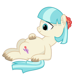 Size: 2433x2616 | Tagged: safe, artist:mrkm, derpibooru import, coco pommel, earth pony, pony, belly, coco preggo, ear fluff, ears, hoof on belly, looking at belly, lying down, on back, pregnant, simple background, smiling, solo, transparent background, unshorn fetlocks