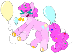 Size: 2048x1502 | Tagged: safe, artist:maggot, derpibooru import, pinkie pie, earth pony, pony, ><, balloon, beanbrows, coat markings, eyebrows, eyes closed, fangs, female, hooves, mare, open mouth, open smile, simple background, smiling, socks (coat marking), solo, transparent background