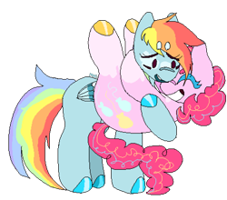 Size: 1808x1588 | Tagged: safe, artist:maggot, derpibooru import, pinkie pie, rainbow dash, earth pony, pegasus, pony, wonderbolts academy, beanbrows, coat markings, cute, duo, eyebrows, eyes closed, female, folded wings, grin, holding a pony, hooves, hug, lesbian, mare, pinkiedash, redraw, shipping, simple background, smiling, socks (coat marking), tail, transparent background, wings