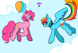 Size: 1342x910 | Tagged: safe, artist:maggot, derpibooru import, pinkie pie, rainbow dash, earth pony, pegasus, pony, g4, airship, balloon, blushing, cloud, duo, duo female, eyes closed, female, floating, flying, grin, mare, one eye closed, open mouth, open smile, requested art, sharp teeth, sky, smiling, spread wings, sun, teeth, then watch her balloons lift her up to the sky, underhoof, wings, zeppelin