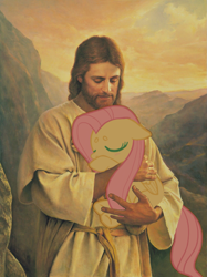 Size: 1219x1631 | Tagged: safe, artist:maggot, derpibooru import, edit, fluttershy, human, pegasus, pony, beanbrows, blushing, clothes, duo, duo male and female, ears, eyebrows, eyes closed, female, floppy ears, folded wings, holding a pony, jesus christ, male, mare, outdoors, religion, wings