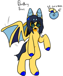 Size: 911x1096 | Tagged: safe, artist:maggot, derpibooru import, oc, oc only, oc:batberry snail, bat pony, original species, pony, bat ears, colored hooves, cutie mark, fire, glasses, open mouth, reference sheet, simple background, snail, snail pony, solo, spread wings, white background, wings