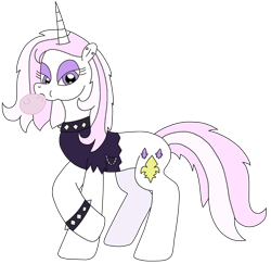 Size: 2315x2248 | Tagged: safe, artist:supahdonarudo, derpibooru import, fleur-de-lis, pony, unicorn, alternate hairstyle, bubblegum, clothes, collar, ear piercing, food, gum, looking at you, piercing, punk, shirt, simple background, solo, spiked collar, spiked wristband, transparent background, wristband