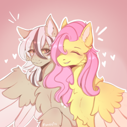 Size: 2000x2000 | Tagged: safe, artist:venobatss, derpibooru import, fluttershy, oc, pegasus, pony, chest fluff, colored wings, duo, heart, parent:fluttershy, pegasus oc, smiling, two toned wings, wings