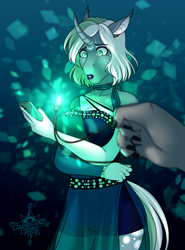Size: 2436x3284 | Tagged: safe, artist:askbubblelee, oc, oc only, oc:artemis bluemoon, anthro, bat pony, hybrid, unguligrade anthro, unicorn, anthro oc, bat pony unicorn, cellphone, clothes, crystal, digital art, female, glowing, horn, jewelry, mare, necklace, offscreen character, phone, slit eyes, story in the source, surprised