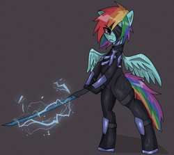 Size: 3186x2838 | Tagged: safe, artist:sleepymist, derpibooru import, rainbow dash, pegasus, pony, bipedal, brown background, clothes, cosplay, costume, eyepatch, female, hair over one eye, hoof hold, katana, looking at you, mare, metal gear, metal gear rising, raiden, simple background, solo, spread wings, sword, weapon, wings