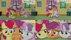 Size: 4400x2475 | Tagged: safe, derpibooru import, edit, edited screencap, editor:quoterific, screencap, apple bloom, scootaloo, sweetie belle, earth pony, pegasus, pony, unicorn, the last crusade, apple bloom's bow, bag, book, bow, clubhouse, crusaders clubhouse, cutie mark crusaders, female, filly, foal, frown, glowing, glowing horn, hair bow, horn, magic, magic aura, open mouth, sad, saddle bag, telekinesis, trio, trio female, unhappy, wavy mouth