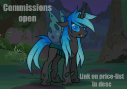 Size: 700x486 | Tagged: safe, artist:kichimina, derpibooru import, oc, oc only, changeling, pony, unicorn, advertisement, animated, black fur, blue eyes, blue hair, blue mane, changeling oc, changeling wings, colored, commission, commission info, commissions open, disguise, disguised changeling, fangs, flapping wings, forest, full body, gif, greeting, grin, hair, happy, hooves, horn, insect wings, looking at you, loop, male, mane, night, one eye closed, perfect loop, plant, raised hoof, raised leg, shapeshifting, show accurate, signature, smiling, solo, spread wings, stallion, tail, teeth, text, transformation, tree, unicorn oc, vector, waving, wings, wink, yellow mane