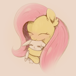 Size: 1000x1000 | Tagged: safe, artist:candy meow, derpibooru import, angel bunny, fluttershy, pegasus, pony, rabbit, ^^, animal, blushing, duo, ear fluff, ears, eyes closed, female, floppy ears, grumpy, hug, hug from behind, male, mare, simple background