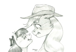 Size: 1473x1000 | Tagged: safe, artist:baron engel, derpibooru import, apple bloom, applejack, earth pony, pony, apple bloom's bow, apple sisters, applejack's hat, bow, clothes, cowboy hat, female, filly, foal, hair bow, hat, mare, monochrome, pencil drawing, siblings, sisters, story included, traditional art