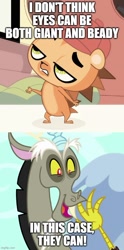 Size: 500x1005 | Tagged: safe, derpibooru import, edit, edited screencap, screencap, discord, draconequus, hedgehog, what about discord?, caption, image macro, imgflip, instantly proven wrong, littlest pet shop, russell ferguson, text
