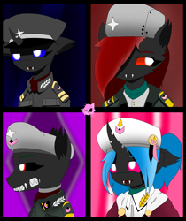 Size: 2296x2732 | Tagged: safe, derpibooru import, changeling, equestria at war mod, blue eyes, bust, clothes, glowing, glowing eyes, hair, hat, military, pink eyes, portrait, red changeling, red eyes, uniform, war