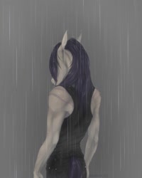 Size: 1600x2000 | Tagged: safe, artist:dementra369, derpibooru import, oc, oc only, oc:coffin, anthro, clothes, male, rain, scar, solo, wet, wet clothes, wet mane