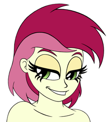 Size: 950x1050 | Tagged: safe, artist:roseluck, derpibooru exclusive, derpibooru import, roseluck, human, equestria girls, alternate hairstyle, bare shoulder portrait, bare shoulders, bedroom eyes, bust, colored sketch, cropped, female, looking at you, nudity, open mouth, open smile, portrait, short hair, simple background, smiling, smiling at you, solo, three quarter view, white background