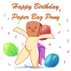 Size: 2480x2480 | Tagged: safe, artist:darmetyt, derpibooru import, oc, oc:paper bag, earth pony, pony, balloon, belly button, bipedal, birthday, confetti, cute, happy, ocbetes, open mouth, open smile, smiling