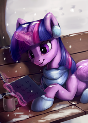 Size: 1500x2100 | Tagged: safe, artist:camyllea, derpibooru import, twilight sparkle, twilight sparkle (alicorn), alicorn, pony, bench, book, clothes, cup, earmuffs, horn, lacrimal caruncle, lying down, magic, magic aura, prone, scarf, snow, snowfall, solo, telekinesis