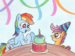 Size: 1200x900 | Tagged: safe, artist:m.w., derpibooru import, rainbow dash, scootaloo, pegasus, pony, birthday cake, birthday candles, cake, duo, duo female, female, filly, foal, food, hat, open mouth, party hat, rainbow dash day, rainbow dash's birthday, scootalove
