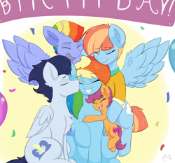 Size: 3000x2800 | Tagged: safe, artist:astrum, derpibooru import, bow hothoof, rainbow dash, scootaloo, soarin', windy whistles, pegasus, pony, abstract background, balloon, birthday, birthday party, chest fluff, clothes, confetti, cuddling, cute, cutealoo, dashabetes, digital art, eyes closed, family, family photo, father and child, father and daughter, father and mother, female, filly, flying, foal, grin, group hug, group photo, group shot, happy, high res, hug, kiss on the cheek, kissing, male, mare, mother and child, mother and daughter, noogie, open mouth, open smile, parent and child, party, rainbow dash day, scootalove, shipping, sitting, smiling, soarindash, spread wings, stallion, straight, unshorn fetlocks, wholesome, wings