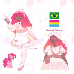 Size: 2048x2048 | Tagged: safe, artist:cryweas, derpibooru import, pinkie pie, earth pony, human, pony, alternate hairstyle, belt, brazil, cake, clothes, cute, dark skin, diapinkes, dress, ear piercing, earring, eyeshadow, female, flats, food, hat, humanized, jewelry, lipstick, makeup, mare, necklace, open mouth, pansexual, pansexual pride flag, piercing, plate, pride, pride flag, shoes, simple background, skirt, socks, solo, stockings, thigh highs, turban, white background