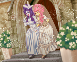 Size: 4500x3600 | Tagged: safe, artist:lucy-tan, derpibooru import, fluttershy, rarity, human, equestria girls, alternate hairstyle, big breasts, bouquet, breasts, church, cleavage, clothes, commission, dress, duo, duo female, eyeshadow, female, flarity, flower, high res, holding hands, hootershy, lesbian, lesbian wedding, lipstick, makeup, marriage, raritits, shipping, wedding, wedding dress